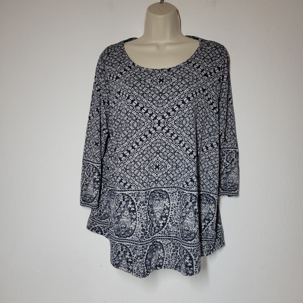 Lucky Brand Womens Sz 1X Blue Paisley Peasant Tunic Top Blouse Boho Hippie - Picture 8 of 10